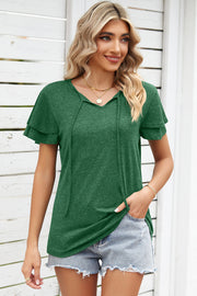 Dark green flutter sleeve henley tee with tie neck detail