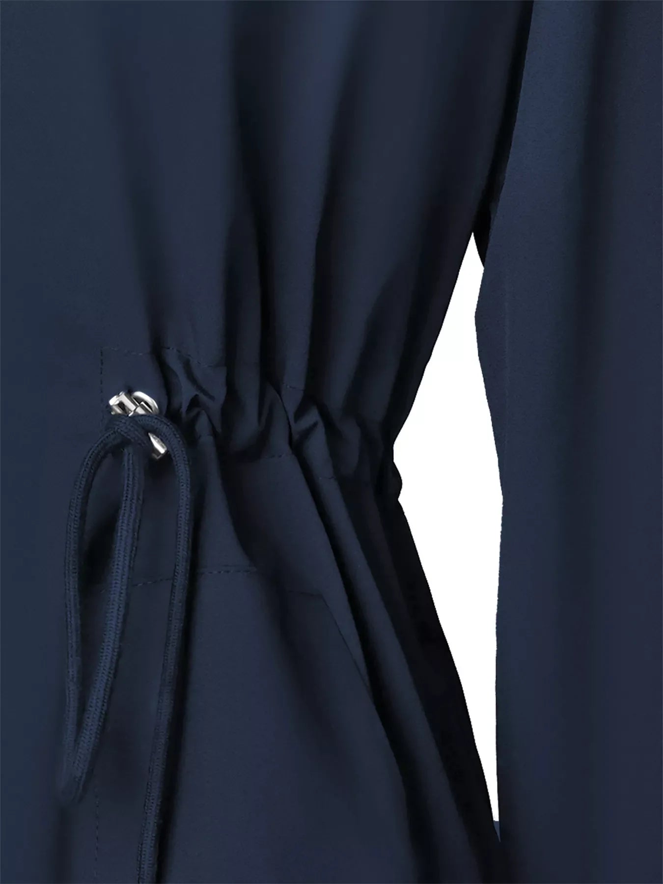 Dark blue waterproof jacket with drawstring waist detail
