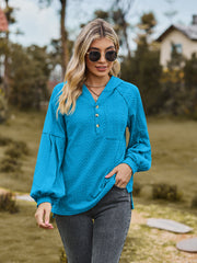 Textured knit henley in Sky Blue with balloon sleeves and button detail