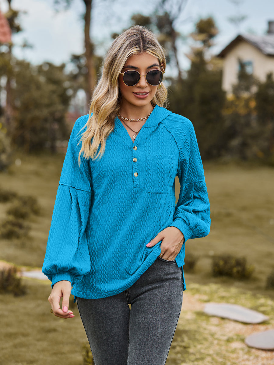 Textured knit henley in Sky Blue with balloon sleeves and button detail