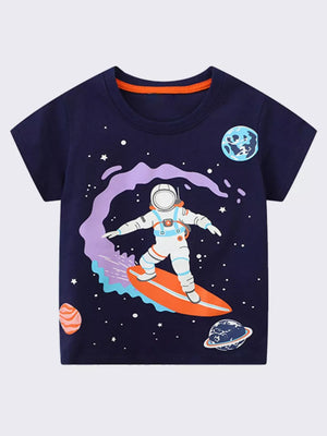 Navy cotton t-shirt with astronaut surfing in space graphic, crew neck, short sleeves.