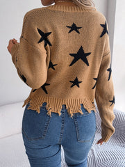 Camel knit sweater with black stars and distressed hem
