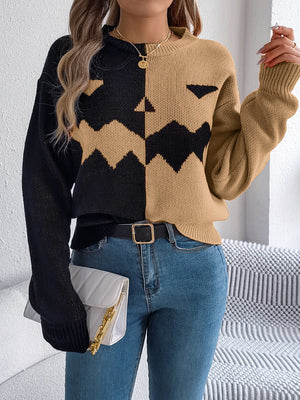 Split-Face Pumpkin Knit Sweater in black and camel with zigzag pattern and crew neck.