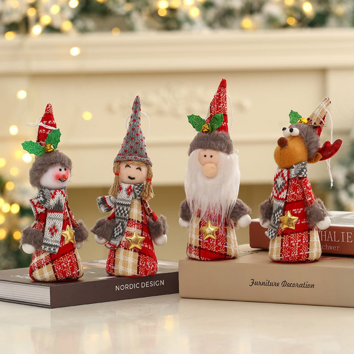 Festive plaid gnome ornaments in red and caramel with cozy scarves and star details.