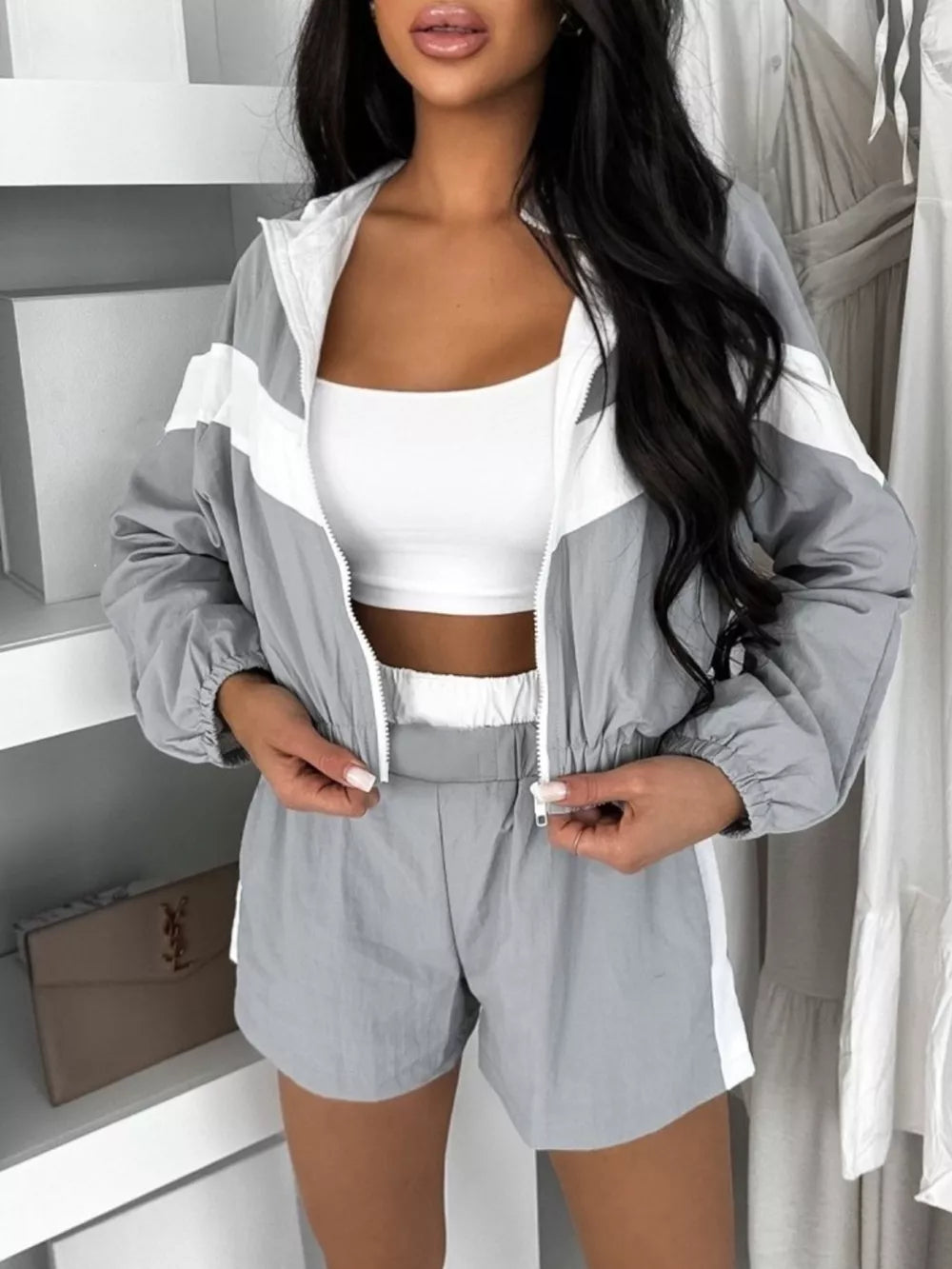 Zip Up Long Sleeve Outerwear And Shorts Set, model styling view