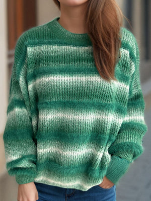Ombre stripe fluffy knit crewneck jumper in green and white with fuzzy textured stripes.