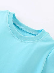 Baby blue cotton crew neck dress with rainbow embroidery detail