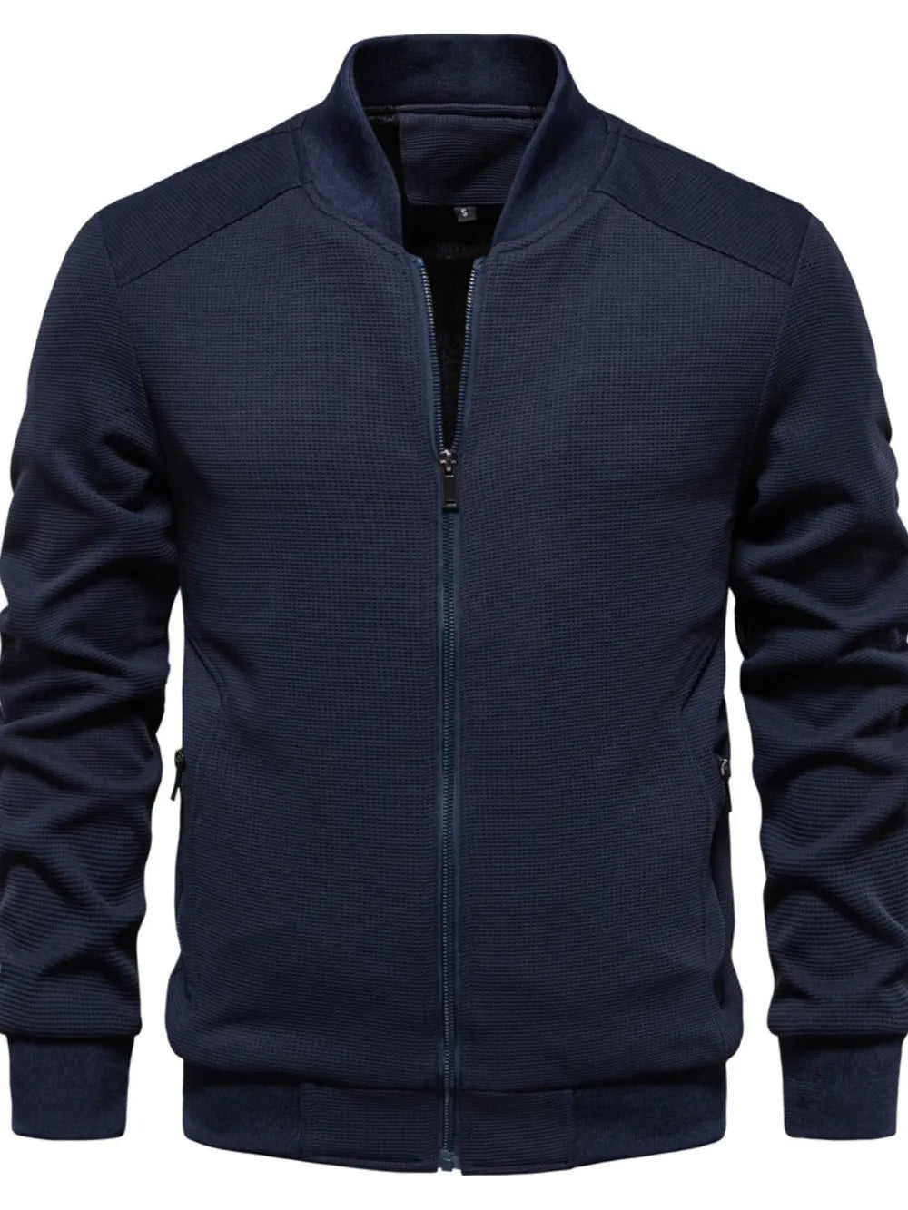 Navy textured knit bomber jacket with zip front and ribbed cuffs.
