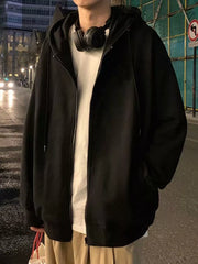 Black casual zip-up hoodie with white t-shirt and headphones, men's activewear