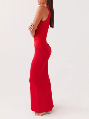 Red one-shoulder maternity maxi dress with cutout detail