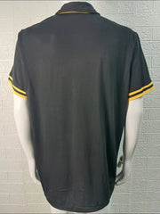 Black polo shirt with yellow trim on collar and sleeves.