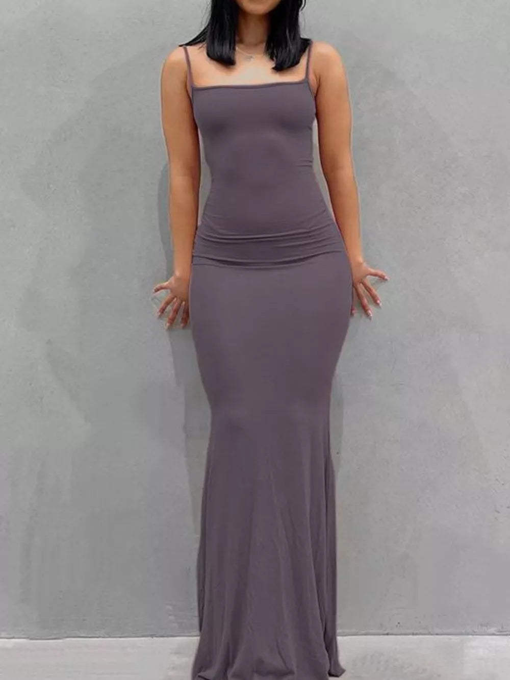Mauve spaghetti strap bodycon maxi dress with a square neckline.