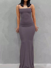 Mauve spaghetti strap bodycon maxi dress with a square neckline.