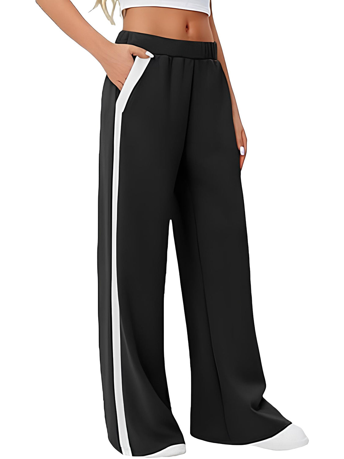 Black palazzo trousers with white side stripe detail and wide leg