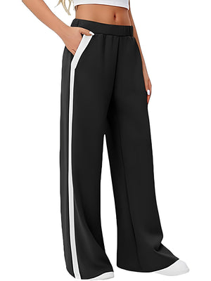 Black palazzo trousers with white side stripe detail and wide leg