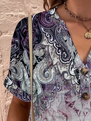 Bohemian tapestry blouse with paisley print and button detail in Pink Purple.
