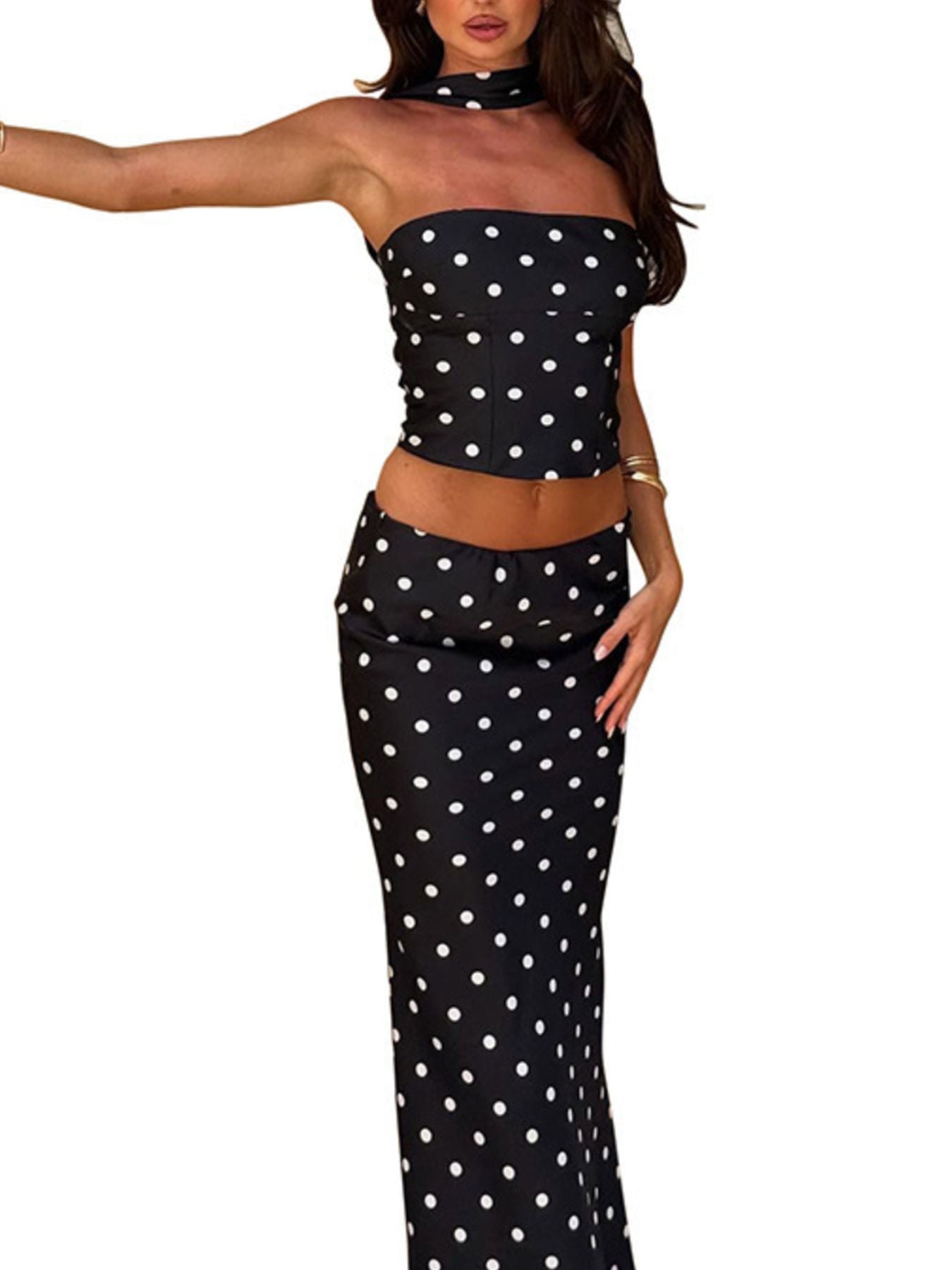 Black polka dot tube top and maxi skirt set with a matching choker.