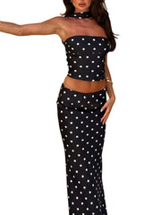 Black polka dot tube top and maxi skirt set with a matching choker.