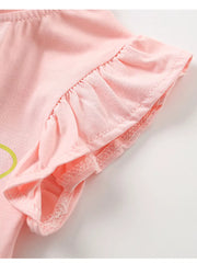 Pink cotton t-shirt with ruffled short sleeves and a partial graphic detail.