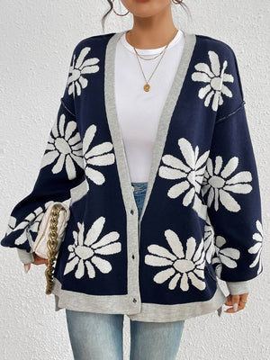 Dark navy acrylic floral jacquard knit cardigan with grey trim and buttons.