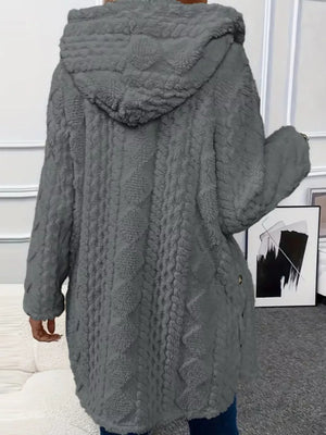 Gray hooded teddy coat with cable knit texture and button detail