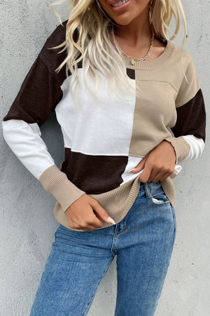 Geometric panel knit sweater in coffee, tan, and white with crewneck and long sleeves.