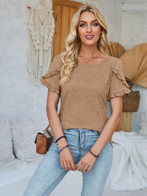 Camel t-shirt with flutter sleeves and round neckline.