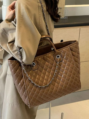 Quilted Chain Shoulder Bag in Brown, fabric detail
