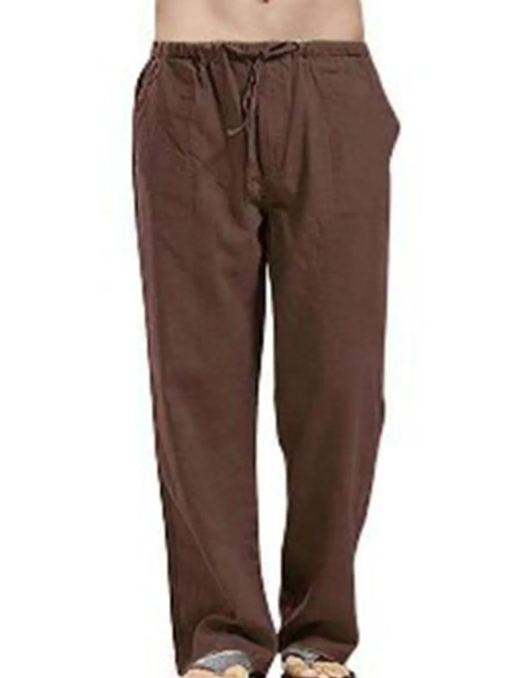 Relaxed fit brown linen drawstring trousers with pockets
