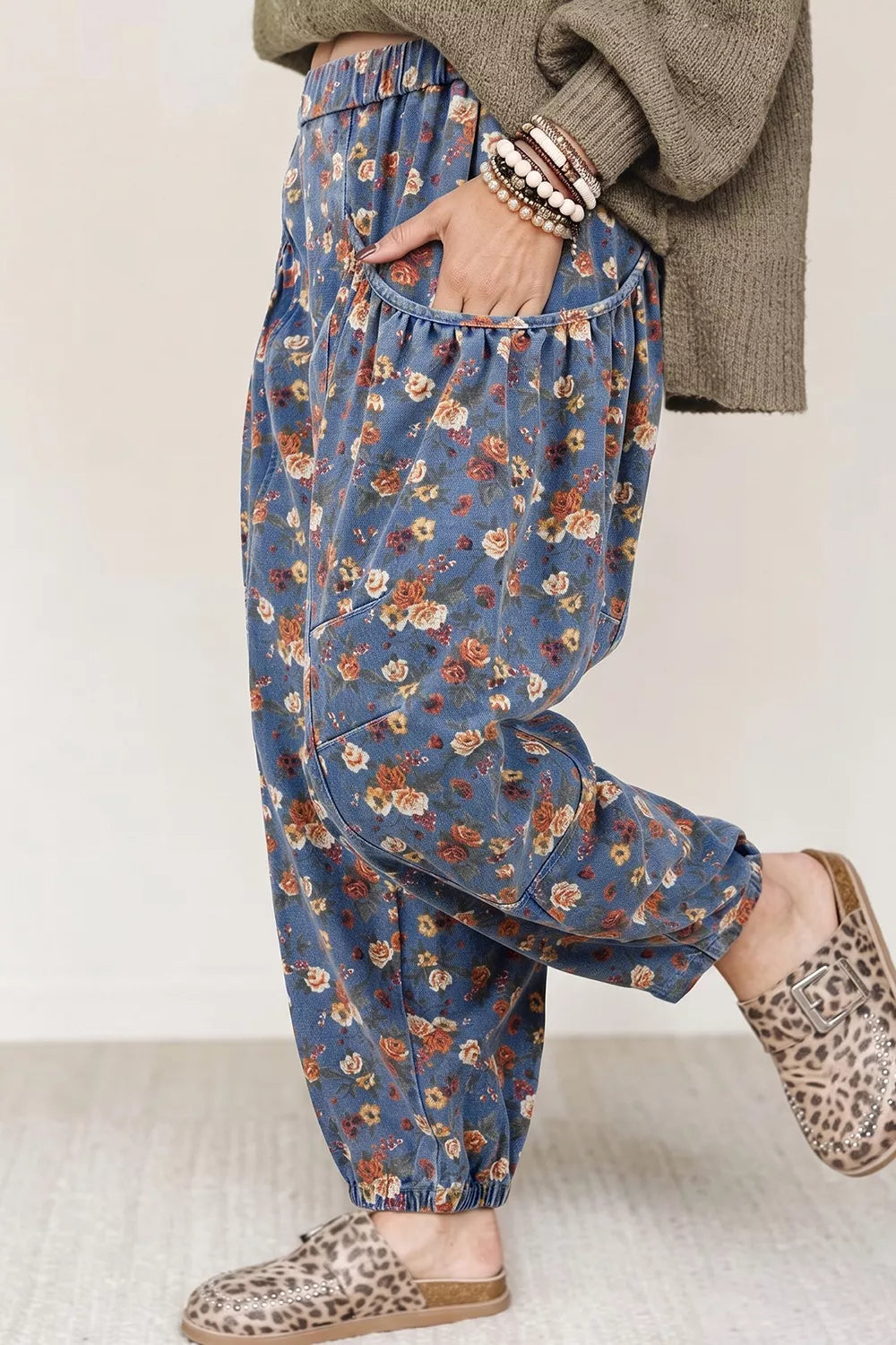 Floral Print Relaxed Fit Jeans in Medium, model styling view