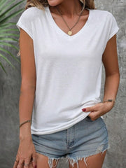 White cap sleeve slouchy v-neck tee with a relaxed fit.