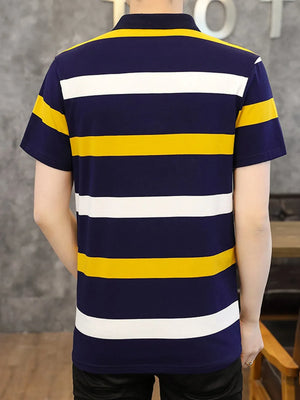 Navy blue cotton polo shirt with horizontal yellow and white stripes, short sleeves.