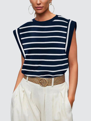 Navy and white striped tank top with padded shoulders and crew neck