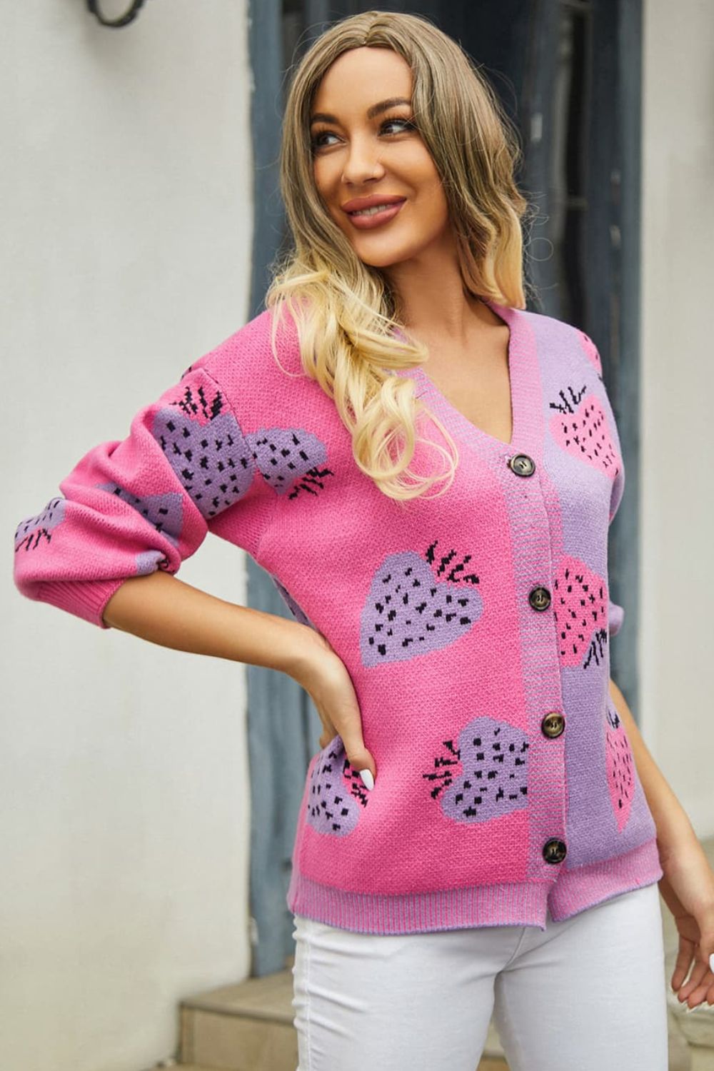Strawberry Patchwork V-Neck Cardigan in hot pink and royal blue with button closure.