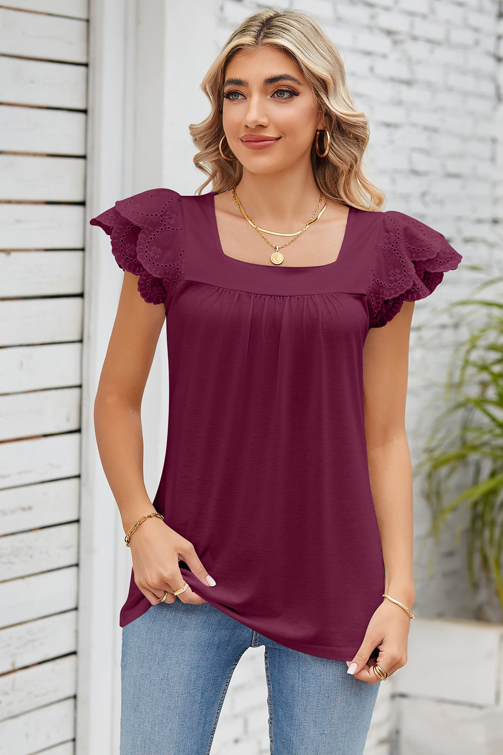 Deep Purple eyelet flutter sleeve square neck blouse with gathered neckline.