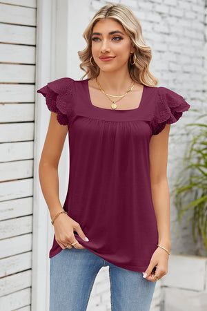Deep Purple eyelet flutter sleeve square neck blouse with gathered neckline.