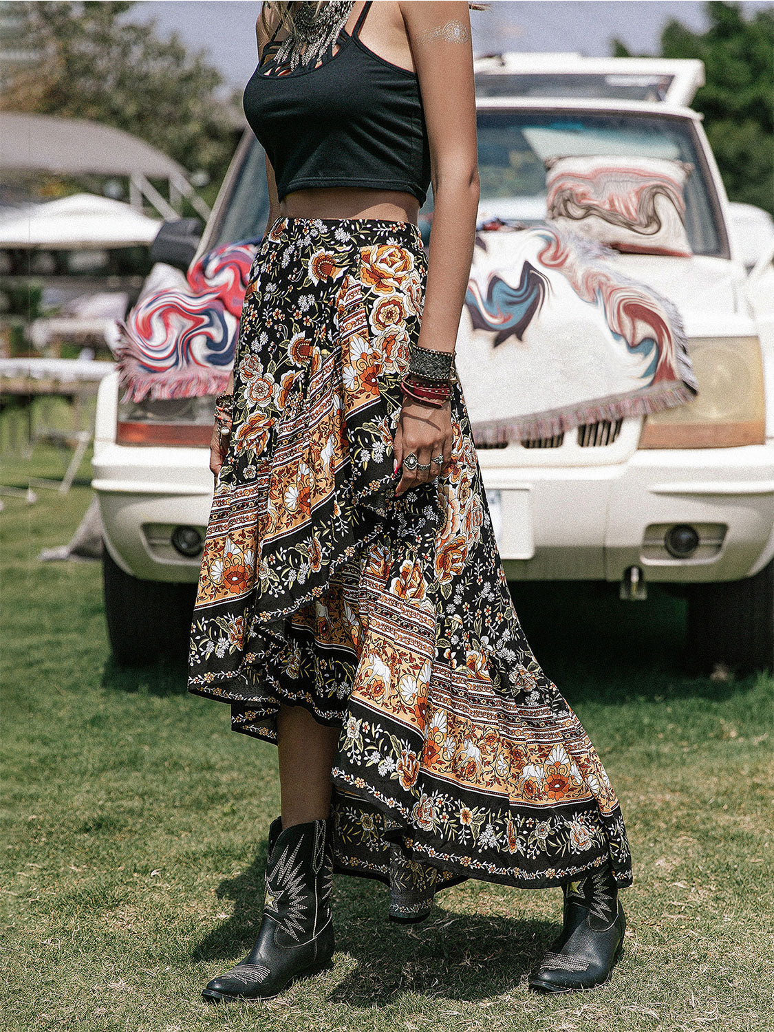 Bohemian floral asymmetric midi skirt with ruffled hem, multicolor print.