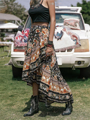 Bohemian floral asymmetric midi skirt with ruffled hem, multicolor print.