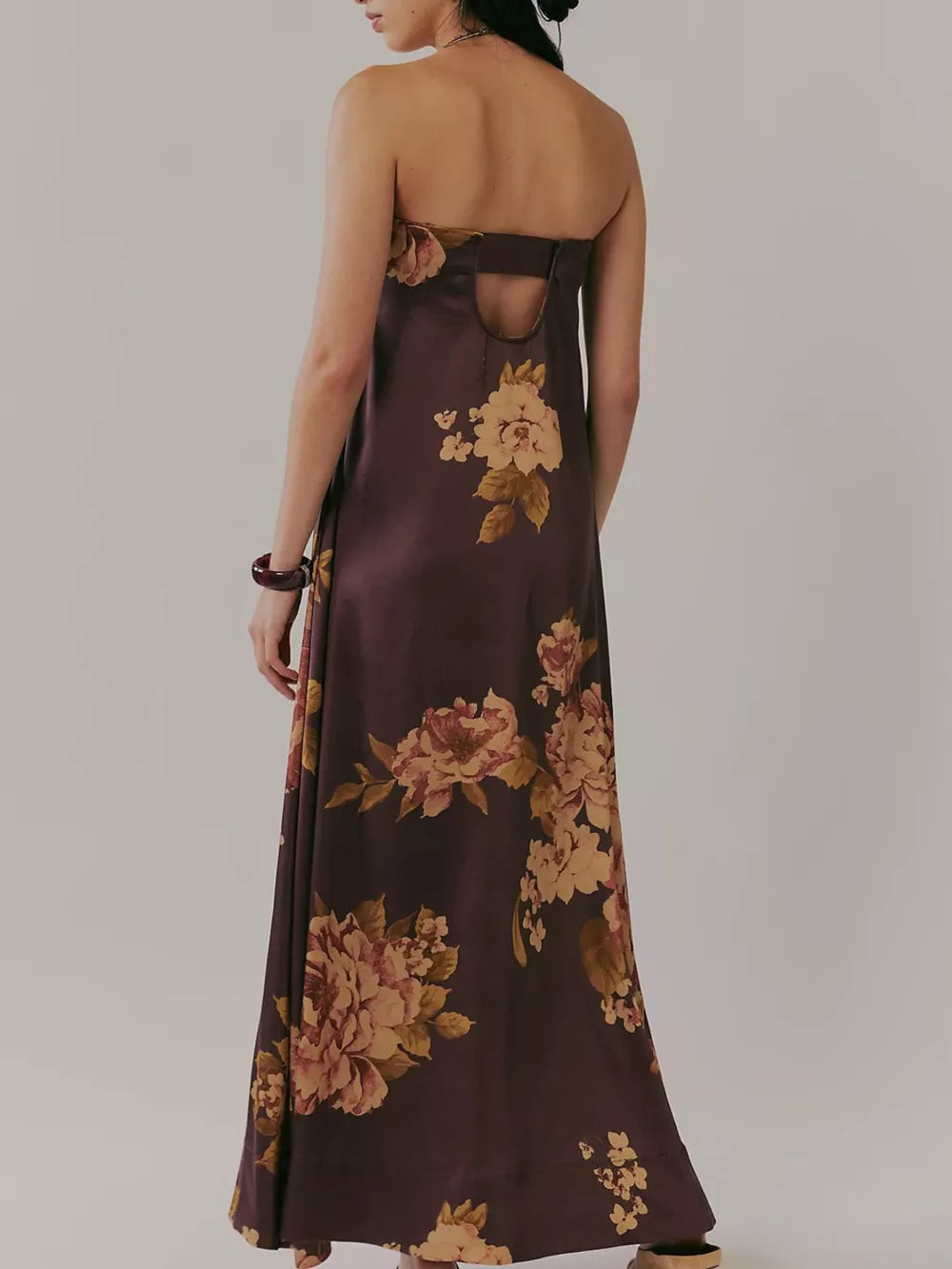 Brown floral maxi dress with gathered bodice and back cutout detail