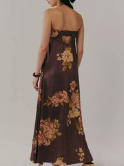 Brown floral maxi dress with gathered bodice and back cutout detail