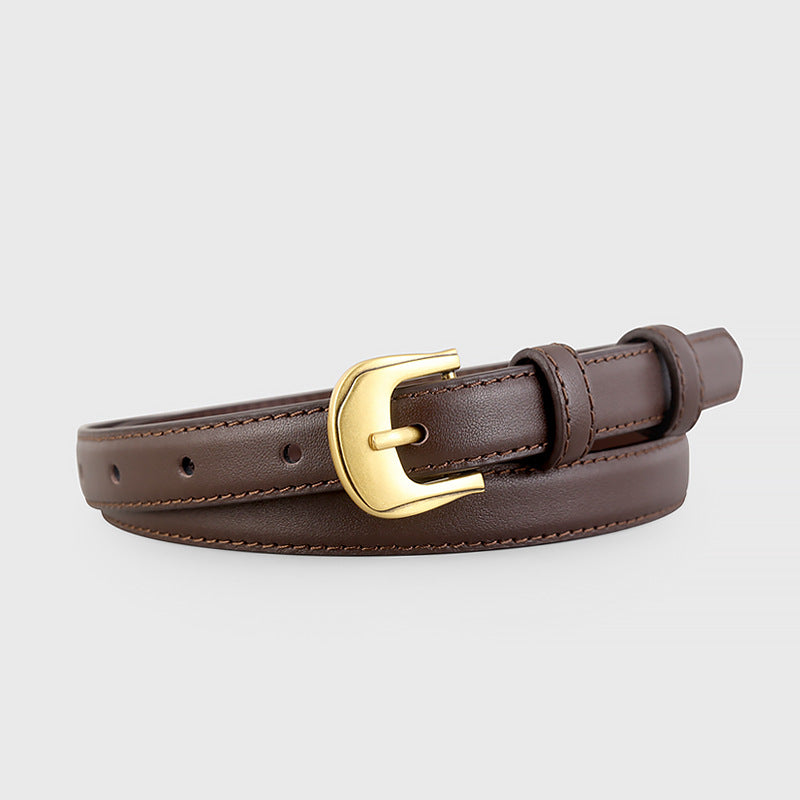 Brown cowhide leather belt with gold buckle and adjustable holes