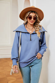 Sky Blue wide collar zip-through sweatshirt with a relaxed fit.