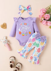 Purple baby bodysuit with ruffled sleeves and Easter egg print pants with a bow.