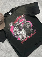 Black oversized ripped graphic tee with Jesus crucifixion print and distressed details.