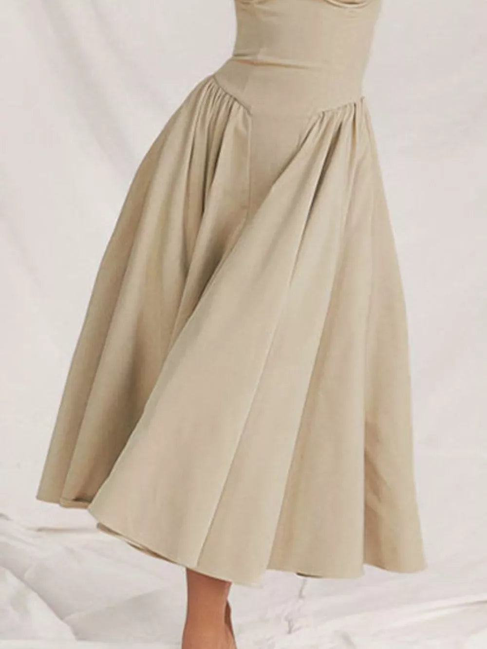 Cream sweetheart midi dress with gathered waist and full skirt