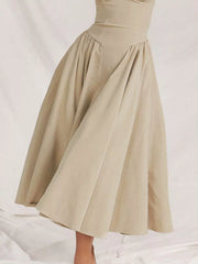 Cream sweetheart midi dress with gathered waist and full skirt