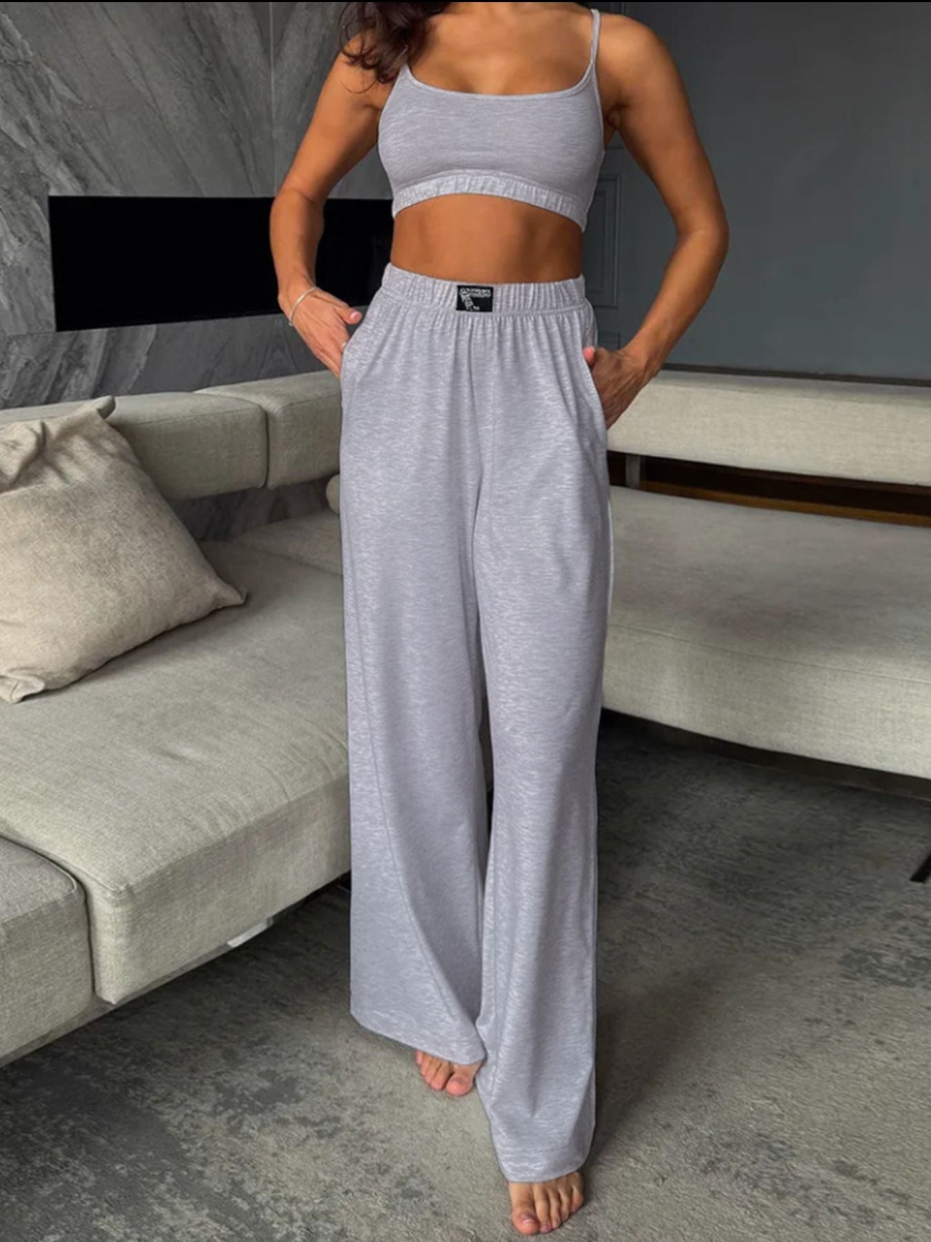 Light gray scoop neck cami and wide-leg pants set
