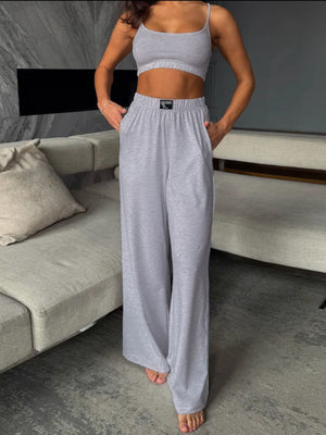 Light gray scoop neck cami and wide-leg pants set