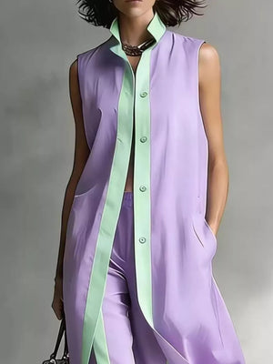 Sleeveless Longline Vest And Wide-leg Pants Set in Pink, fit detail
