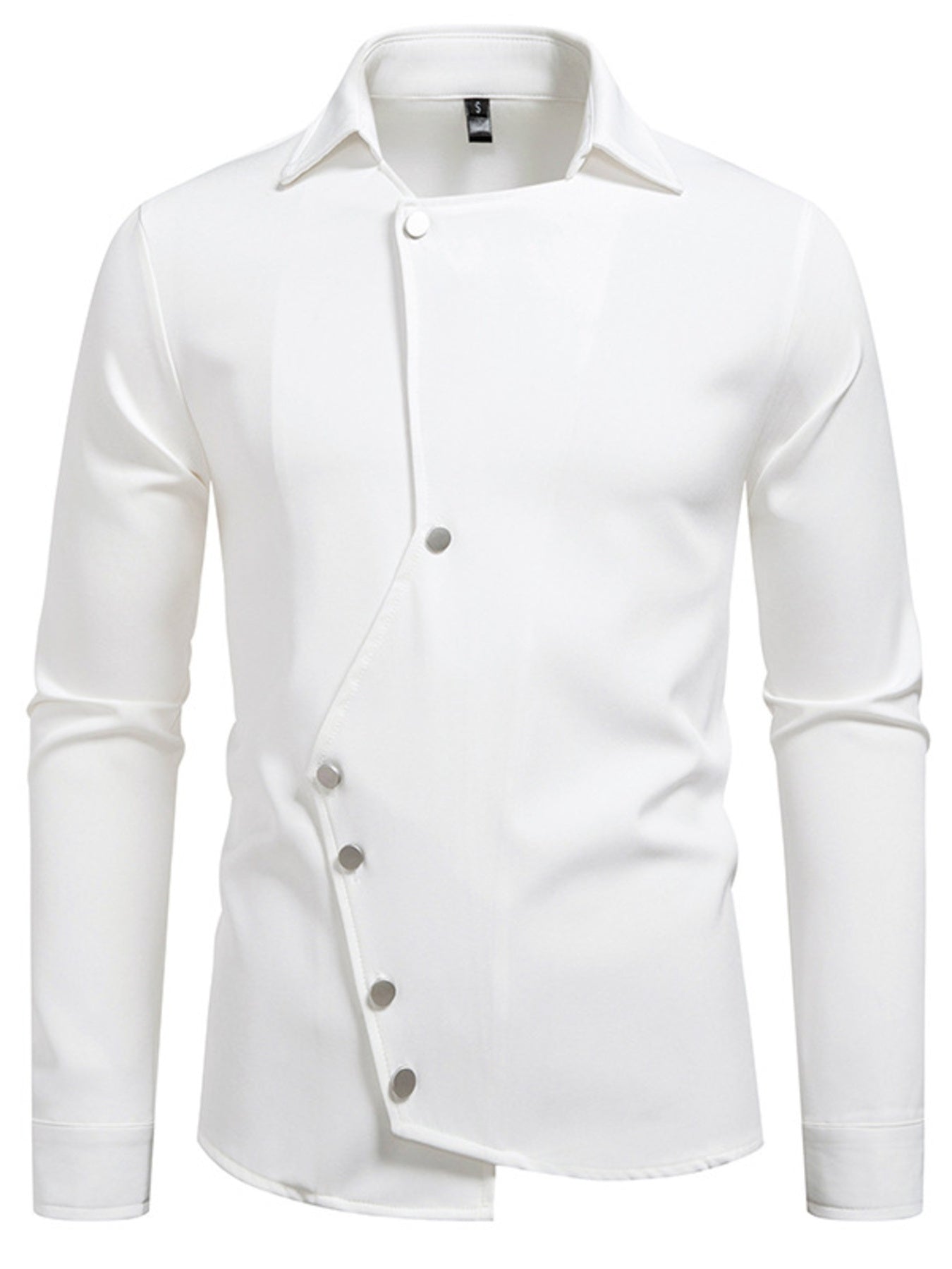 Men's white long sleeve shirt with asymmetrical button detail and classic collar.